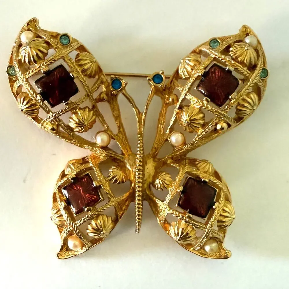 Vintage 1970s Avon Gold Jeweled Boho Butterfly Brooch Pin - Picture 2 of 8